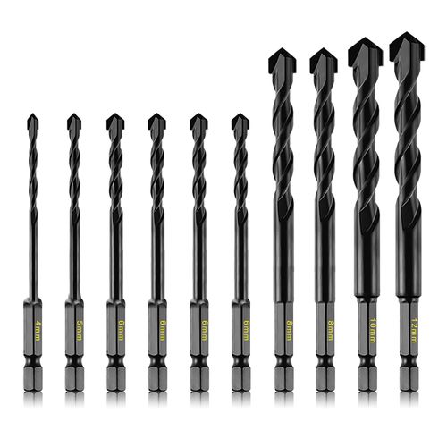 10-Piece Masonry Drill Bits Kit for Concrete, Stone, Carbide Drill Bit Set for Glass, Brick, Tile, Plastic, Ceramic and Wood Size 4 to 12 mm