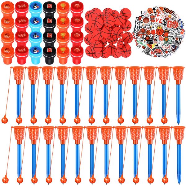 Aoriher 122 Pcs Basketball Party Favors, Includes Basketball Stampers Basketball Hoop Pens Mini Pencil Erasers Basketball Stickers Self Inking Stamps for Kids Students Party Supplies Classroom Prizes