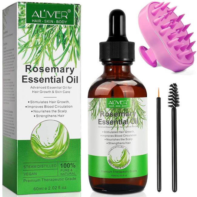 Rosemary Oil for Hair Growth 60ml, Organic Rosemary Oil with Scalp Massager, Pure Rosemary Essential Oil for Eyelashs, Eyebrows, Face, Body Massage, Nourishes Scalp, Improve Blood Circulation