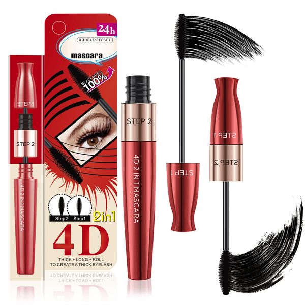 4D Silk Fiber Wimperntusche,2 in 1 4D Silk Fiber Eyelash Mascara,wasserfeste, extra lange Wimpern,Natürliche und False Lash Look in one Mascara,Langanhaltende Wimperntusche Schwarz