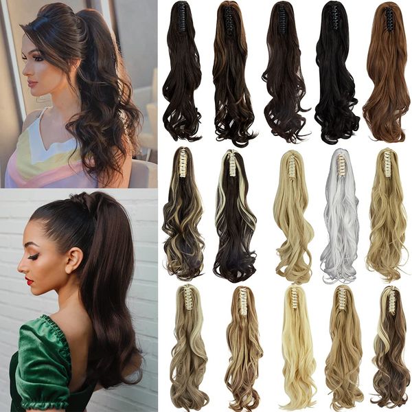 18 Inch Long Claw Ponytail Hair Extension One Piece Clip in Ponytail Jaw/Claw Synthetic Hairpieces Curly Wavy Ponytail Extensions (Dark Brown)