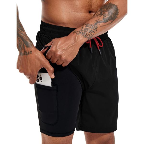 Atforna Badeshorts Herren Lang Badehose mit Kompression Liner Schnelltrocknend Swimming Shorts Men Elastisch Boardshorts Herren Atmungsaktiv Schwarz M