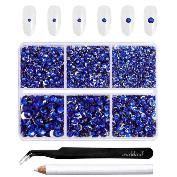 Beadsland 4300pcs Flatback Rhinestones,Royal Blue Rhinestones Nail Gems Round Crystal Rhinestones for Crafts,Mixed 6 Sizes with Picking Tweezers and Wax Pencil Kit, SS6-SS20,Sapphire