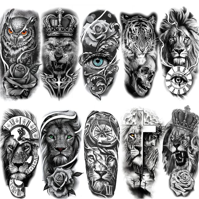 Feelairy 10 Blätter Groß Tiger Löwe Temporäre Tattoos Männer Frauen Arm, Wasserdicht 3D Temporary Tattoo Schwarz Schädel Halloween Fake Tattoo Aufkleber Tiere Blume für Erwachsene Kinder