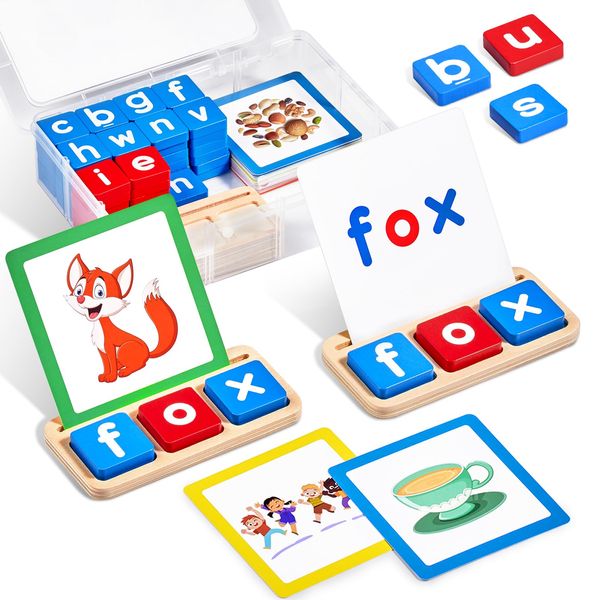 JoyCat Wooden Short Vowel Reading Letters Sorting Spelling Games with Storage Box, CVC Sight Words Learning Flashcards Alphabet Puzzle Montessori Educational Toy Gift for Kids 3 4 5 Years Old