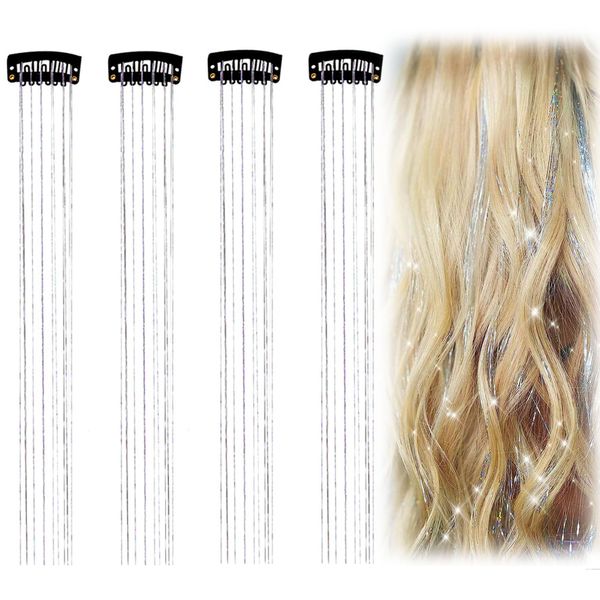 QIUMING 4pcs kette für haare haarketten glitzer haar ketten Quaste Haarspangen Ketten Glitzersträhnen für Haare Haar Lametta Stränge Für Frauen für Weihnachten, Halloween und andere Partys (Silber)