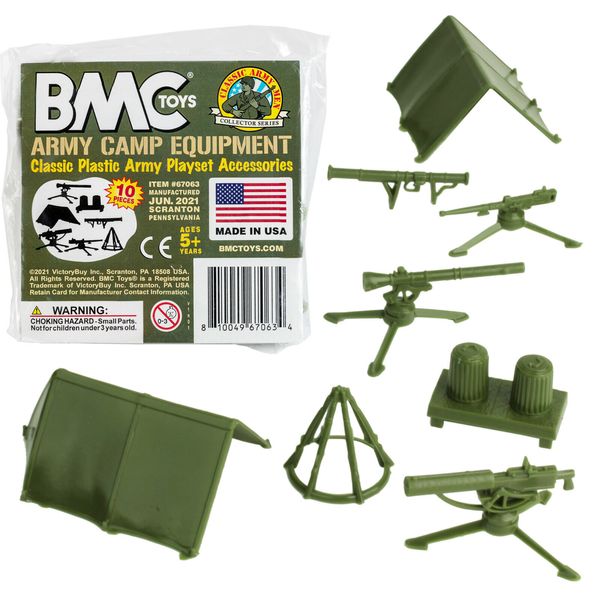 BMC Marx Recast PLASTIC ARMY MEN CAMP EQUIPMENT 10pc Green Tent Gun Accessories