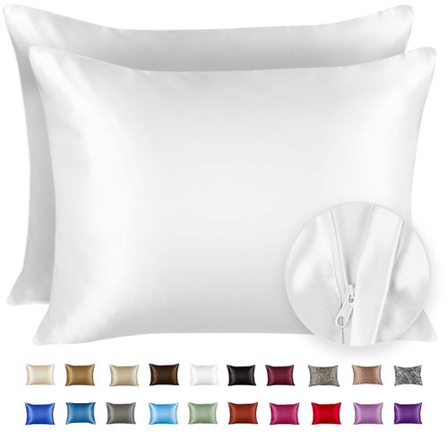 ShopBedding Satin Pillowcase with Zipper for Hair and Skin Care, Feels Soft and Cool Like a Silk Pillowcase, White Satin Pillow Cases 2 Pack, Slik Pillow Cover, Queen Size - Set of 2 - Blissford
