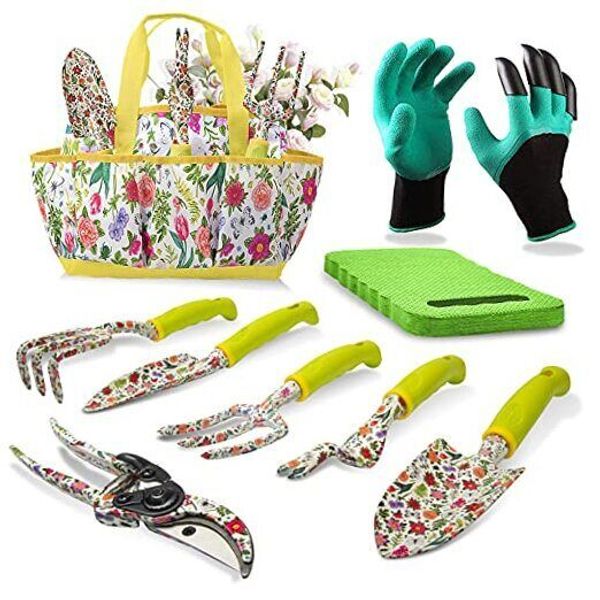 Garden Tool Set 9 Piece Heavy Duty Aluminum Gardening Hand Tools Kit Cute Green