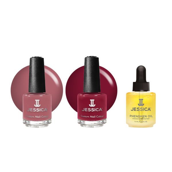 JESSICA Custom Colour 3-Piece Nail Polish & Cuticle Oil Gift Set | Strengthening Nail Polish & Quick Dry Nail Polish Set | Chip-Resistant Nail Polish & Cuticle Oil | Berry Christmas | 3 x 7.4ml