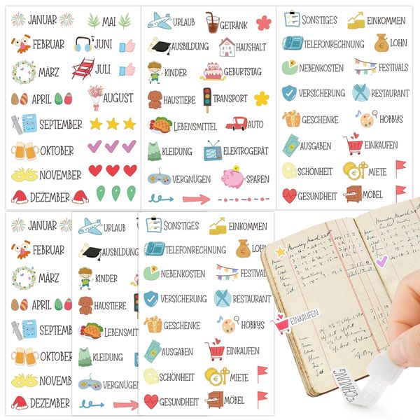 BETESSIN 6 Blätter Budget Planner Sticker Deutsch Beschriftung Budget Binder Aufkleber Bunte Budgetplaner Zubehör Stickers mit Cartoon-Muster für Bindertaschen Spar Challenge Geld Organizer