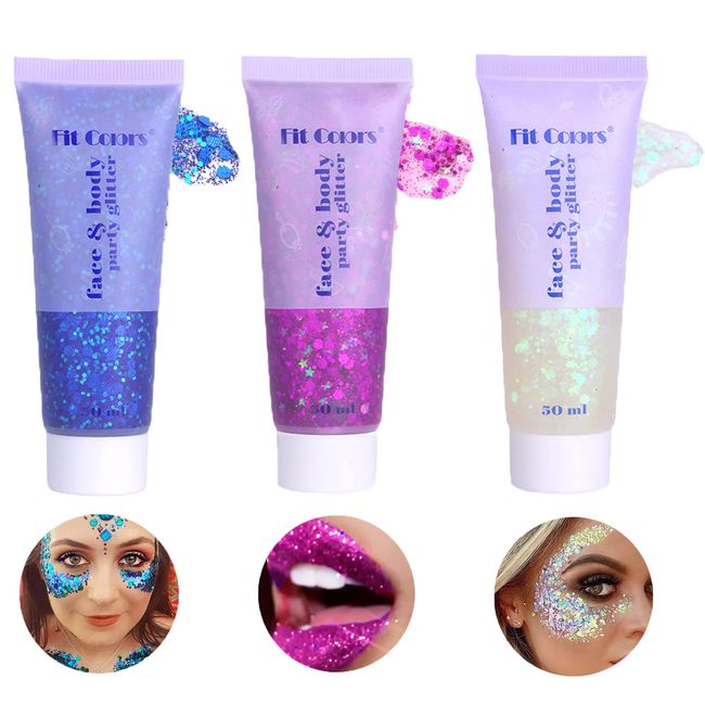 Body Glitter Gel Kit,Glitzer Make up Set,Gesichts und Körper Glitzer Gel,3 Farben Holografischer Chunky Glitter Gel für Gesicht Nägel Augen Lippen Haare Körper, Make-Up Glitzer Paillette (C2)