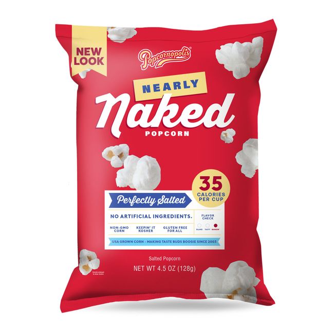 Popcornopolis Nearly Naked Gourmet Popcorn, Popped Popcorn Snack Bags, 4.5 Ounce (Pack of 8)