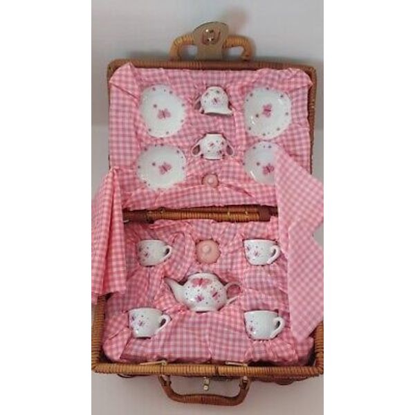 Schylling Pink & White Porcelain BUTTERFLY 28-pc Tea Set in Wicker Picnic Basket