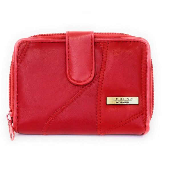 New LORENZ 13cm Soft Leather Patchwork Twin Zip Round Purse Wallet ID Window Red