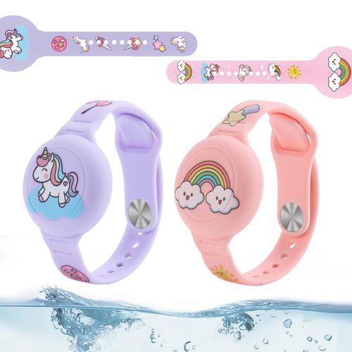 Waterproof Air tag Bracelets for Kids (2 Pack) - Soft Silicone Hidden Air tag Wristband - Lightweight GPS Tracker Holder for Apple Airtag Watch Band for Child (Purple & Pink)