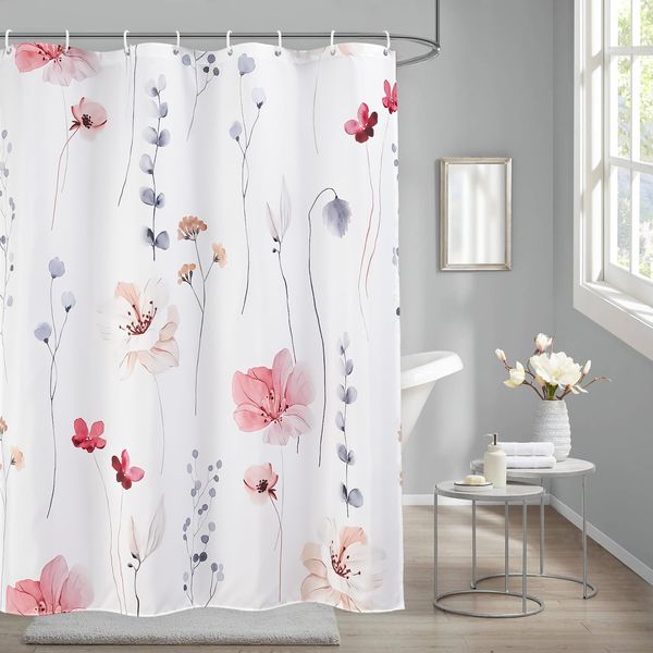 AooHome Shower Curtain, 59.1 inches (150 cm) Length, Waterproof, Mildew Resistant, Blindfold, Insulated, Bath Curtain, Quick Drying, Room Divider, High Density Fabric, Modular Bath, Flower Pattern, Ring Included, Easy Installation, Pink