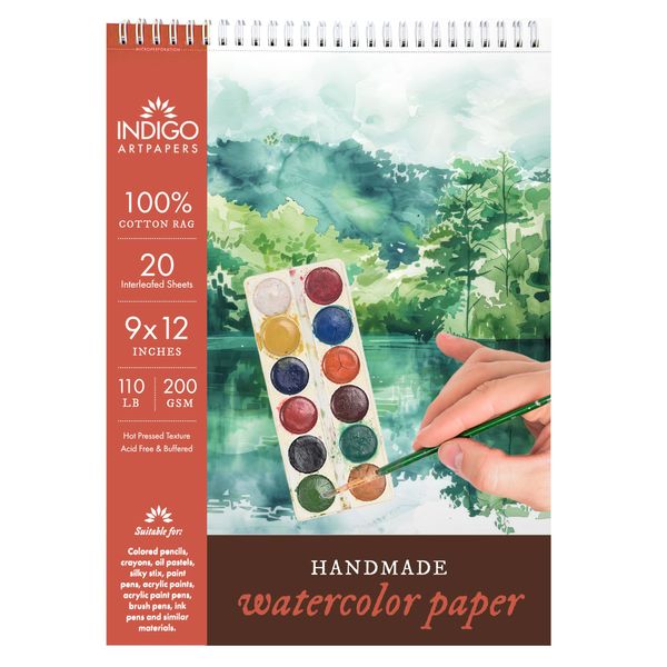 Indigo Artpapers Mixed Media Sketchbook Pad, 20 Sheets 9x12 (110lb/200g) | Handmade 100% Cotton Rag Mixed Media Paper, Hot Pressed Acid-Free Watercolor Paper, Multimedia Sketchbook Mixed Media Pad