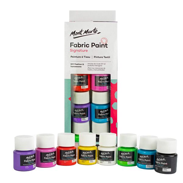 Mont Marte Textile & Fabric Paint Set - 8 Pieces x 20ml - Permanent Textile Paints - Ideal Colours for Clothing, Bags and All Fabrics