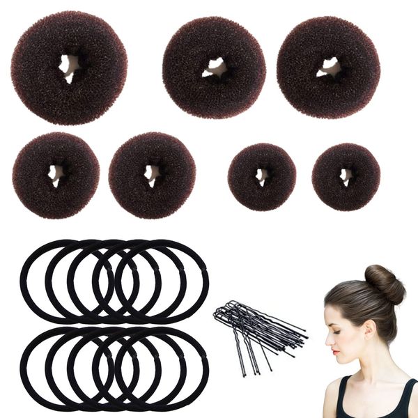 Donut Hair Bun Maker Set 7 Stück, Haarschmuck Knotenkissen, Donut Hair Bun Set, Frisurenhilfe Set mit 10 Elastischen Haarband, 20 U Form Haarspange Haarnadel, Braun