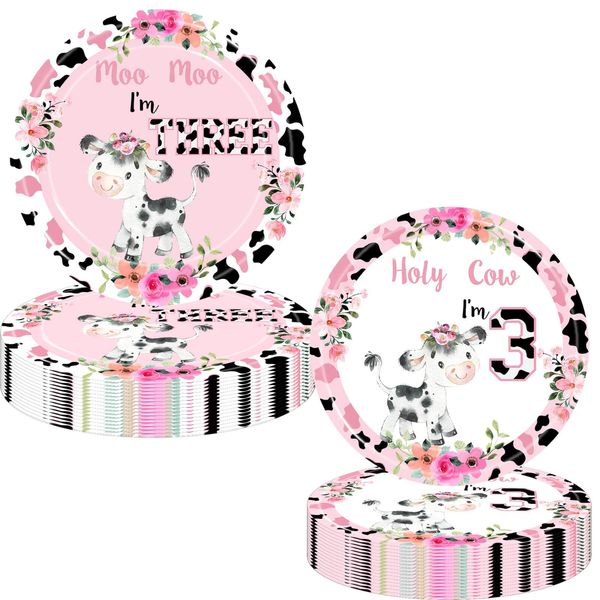 Holy Cow I'm Three Girls Birthday Party Plates Cow Three Years Old Paper Dinner Plates Dinnerware for Farm Animals Cow Themed Girls 3rd Birthday Party Supplies Decorations