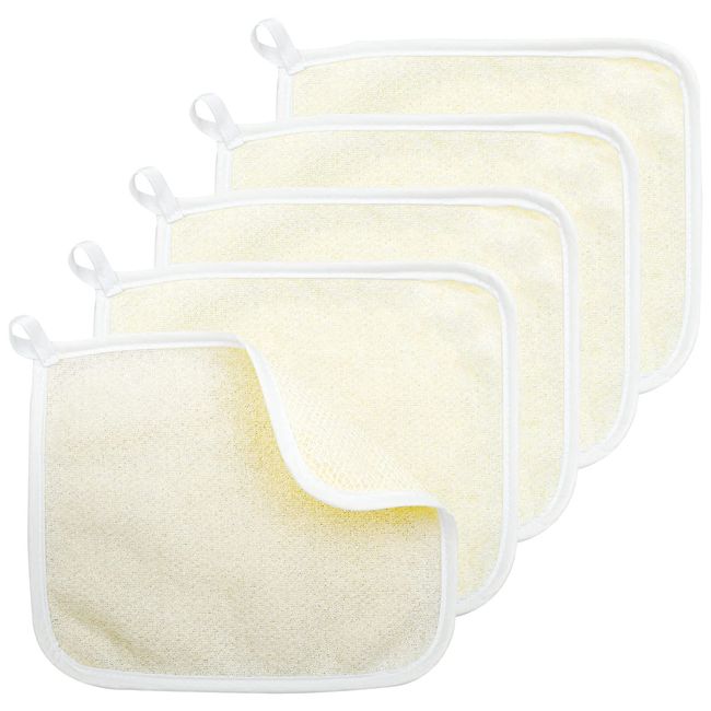 5 Pack Exfoliating Face and Body Wash Cloth Towel Soft Weave Bath Cloths Scrub Washcloth Massage Bath Cloth for Women Men Soft-Weave Wash Cloths for Shower Dual Sided Exfoliating Washcloths (Beige)