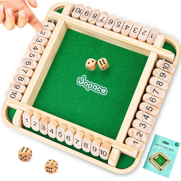 Japace Shut the Box Game, Wooden Board Game with Dice, 1-4 Player Shut the Box Dice Game Math Skills Educational Montessori Toy for Kids Age 3 4 5 6 + Travel Games for Adults Traditional Pub Games