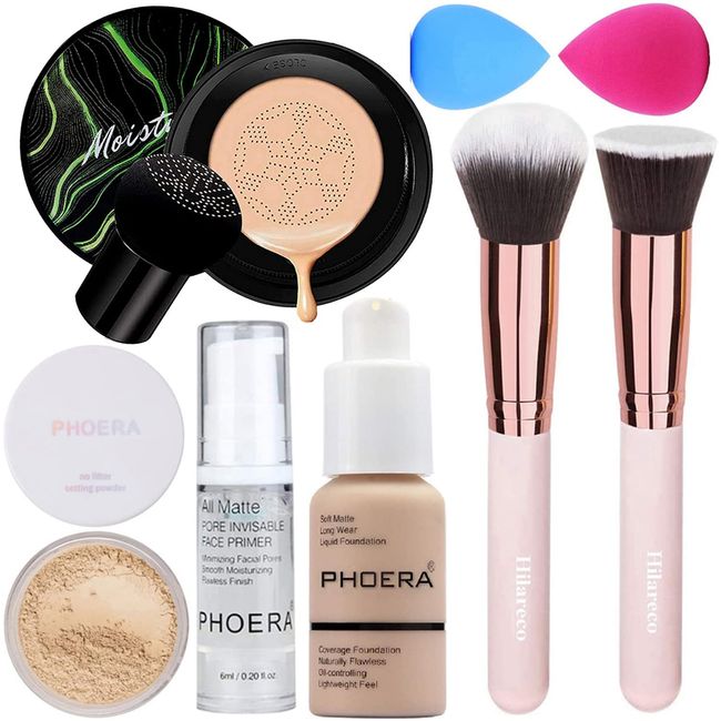 PHOERA Foundation Full Coverage Makeup, Mushroom Head Air Cushion CC Cream Natural Foundation, PHOERA Primer, PHOERA Powder, Brushes Foundation Brush,2 Makeup Sponge(102Nude+ 02Natural CC)