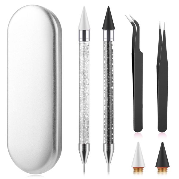 Andibro Rhinestone Picker Tool Set, Dual-end Diamond Dotting Pens Wax Pencil Acrylic Pickup Kit for Nail Gems Stones DIY Nail Art Crafts 2 Dotting Pen 2 Wax Tip 2 Nail Art Tweezer(Black+White)