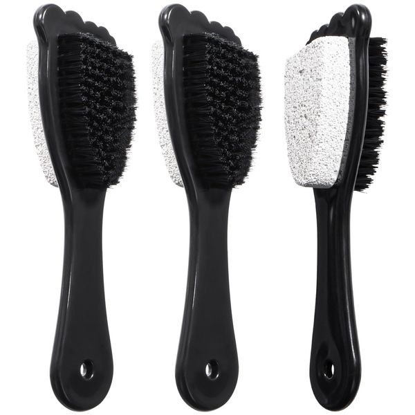 Foot Pumice Stone Brush Callus Remover 3 Packs, Beomeen 2 in 1 Foot Shower Pedicure Scrubber with Handle, Foot File with Dense Bristles for Deep Cleansing and Exfoliation, Dry Skin Removal, Black