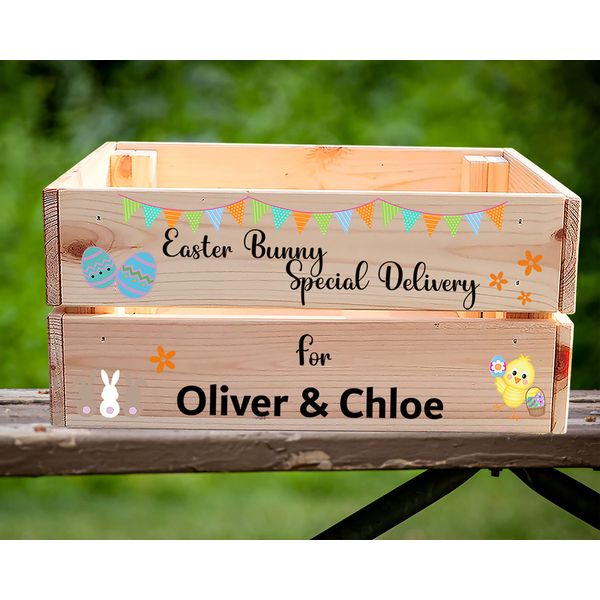Easter Crate Personalised Wooden Easter Crate Easter Egg Treat Box Easter Bunny Basket Hamper Egg Hunt Box Easter Gift