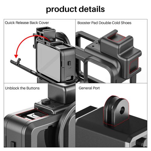 Andoer G9-4 Action Camera Video Cage Protective Case for Vlog Protective Case with Double Cold Shoe Attachment 55mm Filter Adapter Replacement Accessory for GoPro Hero 9