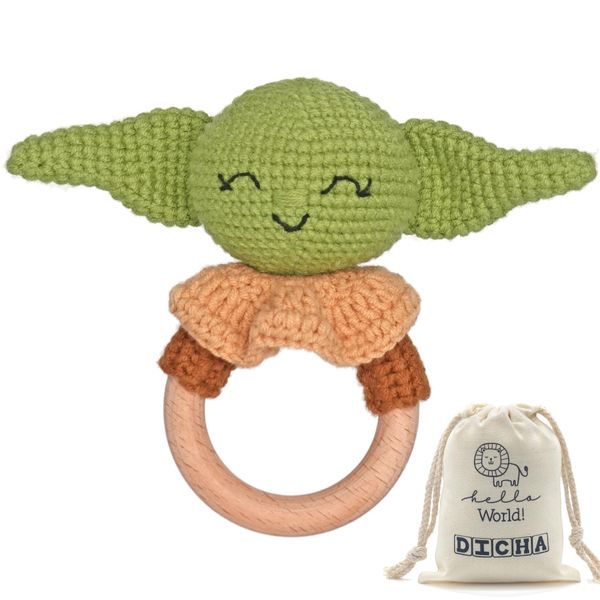 DICHA Wooden Baby Rattle-Crochet Baby Rattle- Infant Rattle Sensory Development Wooden Toys Set-Includes Beech Wooden Teething Ring- Baby Teether for Star Wars Fans The Baby Child