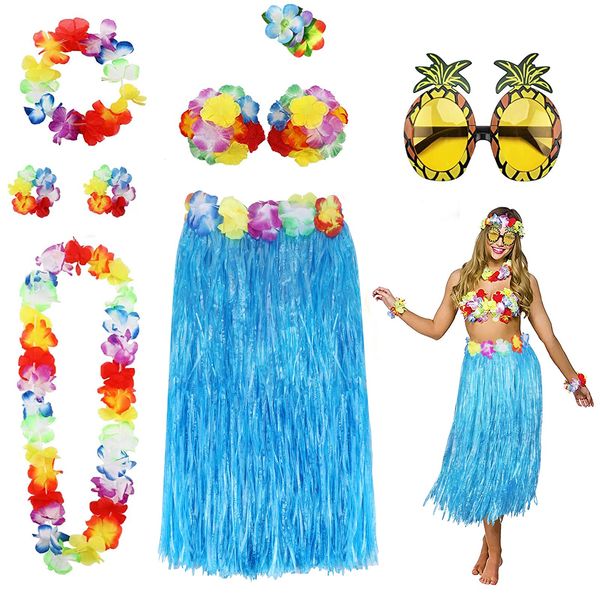 PHOGARY 8 Pack Hula Skirt Costume Accessory Kit for Hawaii Luau Party - Dancing Hula with Flower Bikini Top, Hawaiian Lei, Hibiscus Hair Clip, Pineapple Sunglasses for Women (Blue)