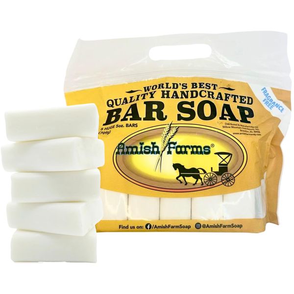 Amish Farms Fragrance-Free & Dye-Free Natural Bar Soap for Sensitive Skin (All-White) - Made in USA, Unscented Moisturizing Bar Soap Soap 150 Grams Each (5 Bars)