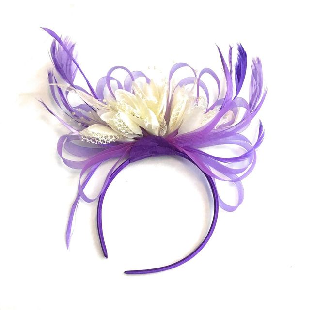 Caprilite Purple and Cream Feather Hair Fascinator Headband Wedding and Royal Ascot Races Ladies