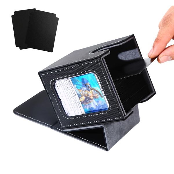 Venssu MTG Deck Box for Commander Display,Card Deck Box Fits 100 Double Sleeved Cards, TCG Card Storage Box with 2 Dividers and 1 Toploader (Black＆Grey)