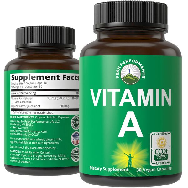 Peak Performance Certified Organic Vitamin A 5000 IU Supplement Capsules High Potency Vitamins Made with Organic Carrot Juice. Great for Immune, Skin, Eye Support. Non GMO, Vegan Pills, Tablets