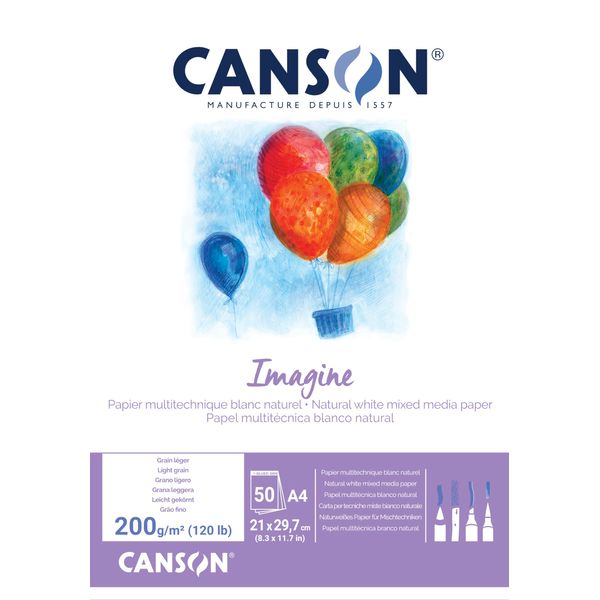 Canson Imagine A4 200g White Mixed Media Paper Pad, Light Grain, Markers, Brushes, Felt Tip-Pens, Ideal for Professional Artists & Illustrators