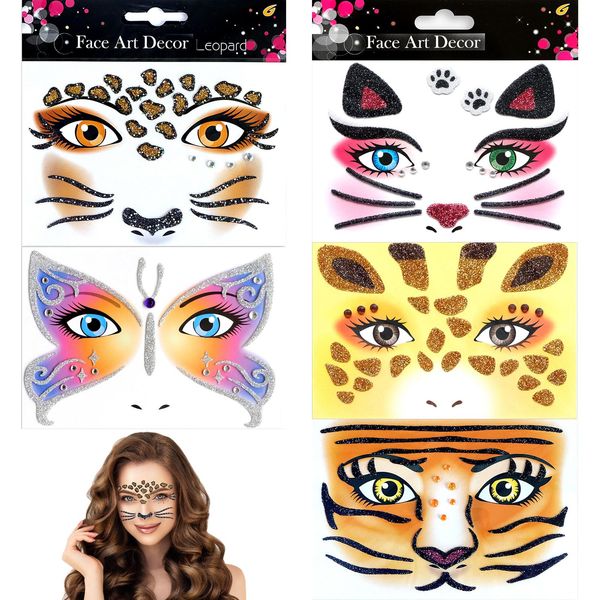 EUPSIIU 5 Stück Face Art Sticker Tier, Glitter Gesichtstattoo Karneval, Katze Leopard Tiger Giraffe Schmetterlinge Temporäres Tattoo Set für Fasching, Karneval, Halloween Tierkostüm Partys (5PCS)