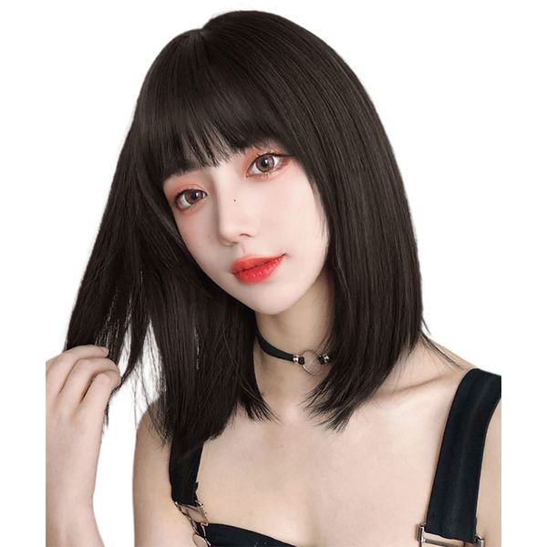 AISI QUEENS Wig, Bob, Medium, Straight, Semi-Long, Full Wig, Bangs, Cross-Dressing, Natural, Small Face, Cute, Heat Resistant, Everyday Use, Black Brown Hair, Cosplay, Wig, Women's Wig, Fashion, Net, Comb Included