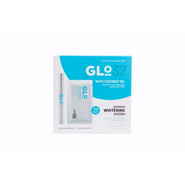 GLO32 - Advanced Teeth Whitening System - 28 Teeth Whitening Strips + 1 Teeth Whitening Pen - Gentle Teeth Stain Remover - with Coconut Oil - Effective in 20min - Vegan Cruelty Free - Peroxide Free