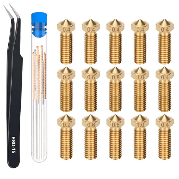 HIKUDIY 15PCS Multi Size Volcano Brass Nozzles Kit - 7PCS 0.4mm 2PCS 0.2mm/0.6mm/0.8mm/1.0mm Nozzles for Anycubic Vyper, Kobra Plus, Kobra Max, Artillery Genius, Sidewinder X1, X2