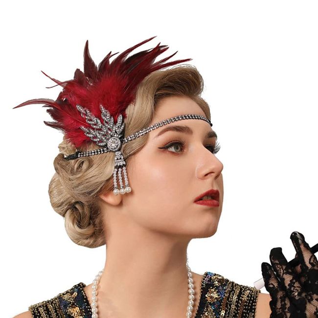 Generse Flapper Headbands Tassel Crystal Feather Headband Great Gatsby Headpiece 1920s Hair Accessories for Women 1Pcs (red)