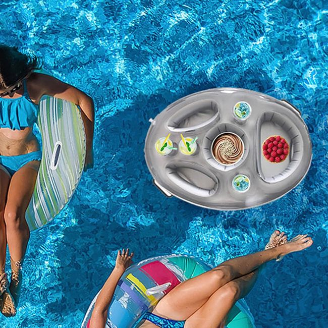 Summer Party Bucket Cup Holder Inflatable Pool Float Beer Drink Cooler  Table Bar Tray Portable Beach Swimming Cup Holder-Silver
