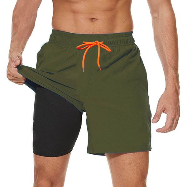 Ougelebo Badehose Herren mit Kompression Badeshorts Herren Kurz 2 in 1 Schnelltrocknend Männer Schwimmhose Schwimmshort Herren mit Reißverschluss Board Swim Shorts Armeegrün M