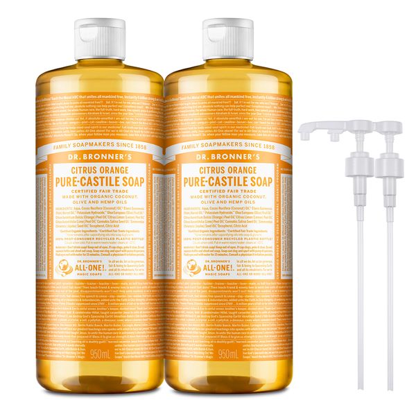 Dr. Bronner&#39;s Citrus Orange Pure Castile Soap Large Capacity All-in-One Body Wash 950mlx2+2 Pumps