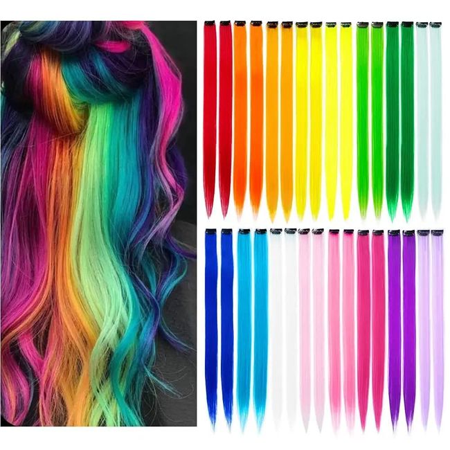 Vebetter Farbiger Haarverlängerung Clips, 24PCS Bunt Haarverlängerungs Clip Regenbogen Farbe Gerade Synthetisch Haarteil Party Highlights Bunte Clip in Haarverlängerungen für Frauen, Mädchen, Kinder.