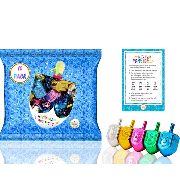 The Dreidel Company Hanukkah Dreidels Metallic Multi-Colored Dreidels with English Translation, Spinning Tops Includes Dreidel Game Instruction Card (10-Pack)