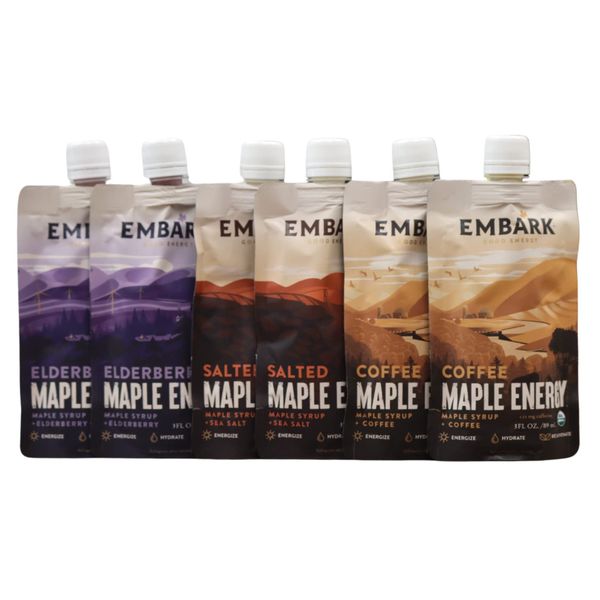 Maple Syrup Energy Gel by Embark, 6-Pack of 3oz Resealable Pouches, Natural Sports Nutrition, Certified Organic, Stable Sustained Energy, Vegan, Gluten Free, Delicious, Made for Athletes, Adventurers & Foodies, Variety Pack